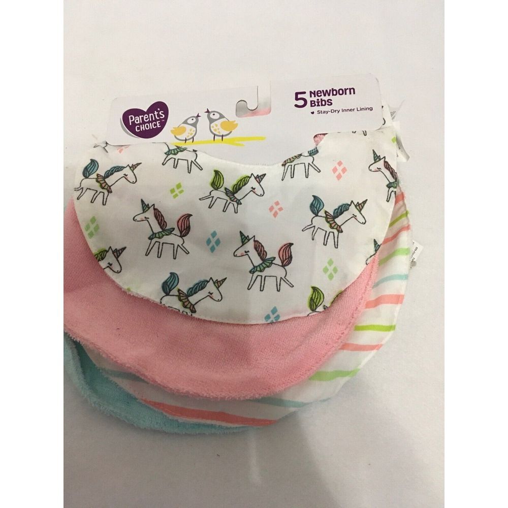 5-Pack Parents Choice Newborn Bibs With Stay-Dry Lining Unicorn & Rainbow Design